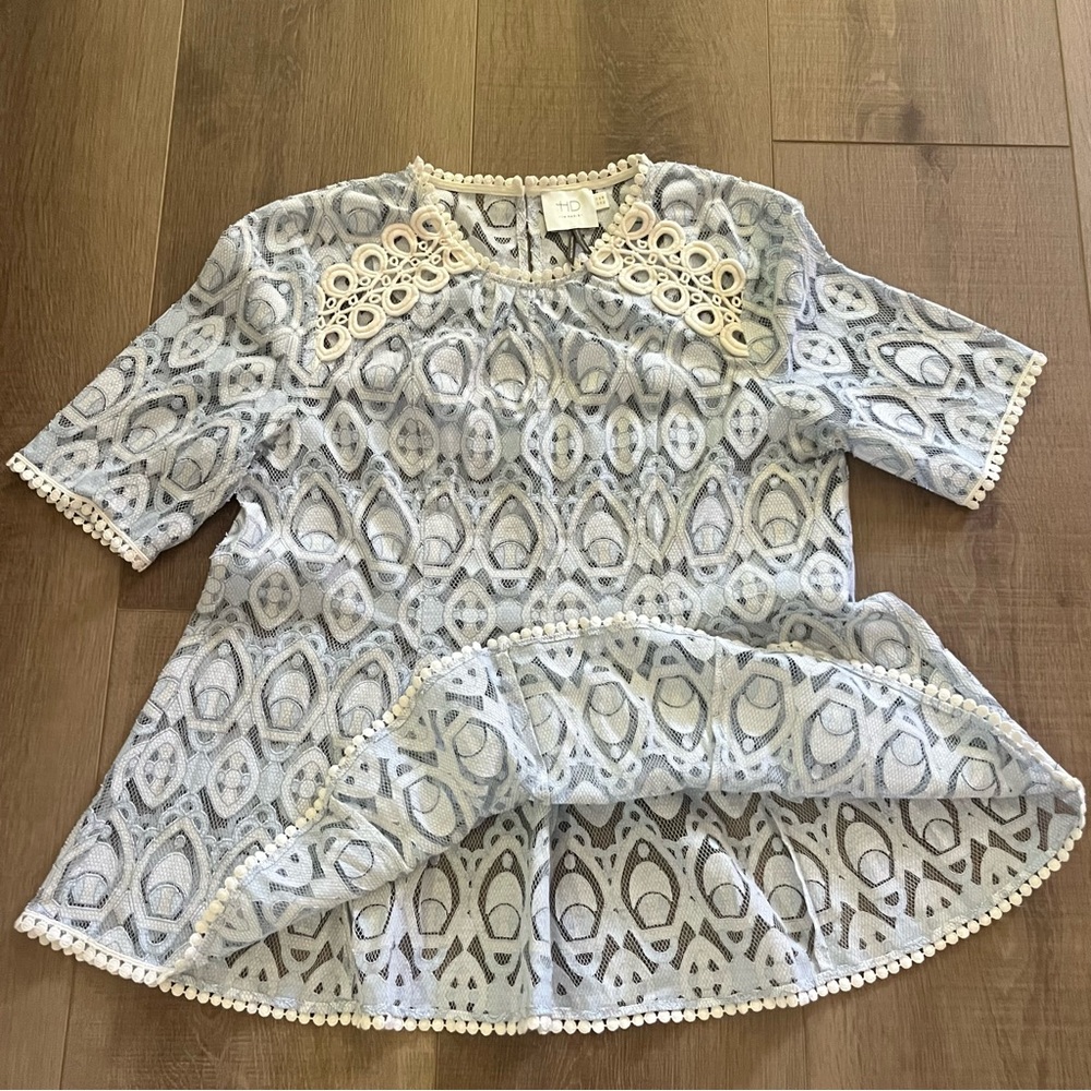 HD in Paris Anthropologie Blue Sheer Lace‎ Top SZ XS A-Line Fairy Whimsical 34” - Picture 4 of 13